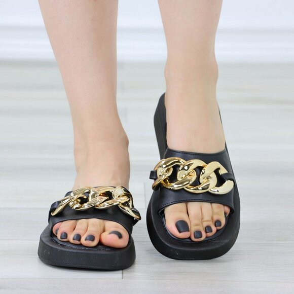 Black Chunky Comfy Flat Sandal Slip On Sliders - Picture 10 of 14